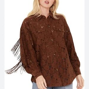 Shyanne Chocolate Lace Button-Down fringe shacket